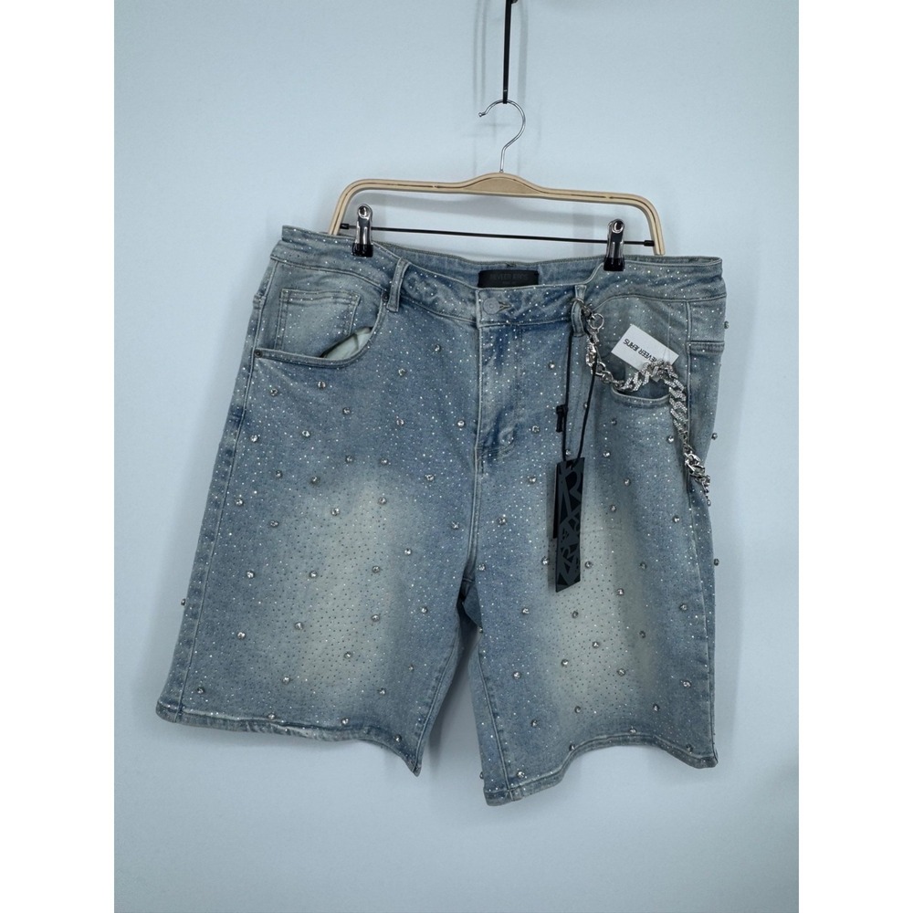 NWT Reveer Jeans Rhinestone Embellished Shorts Men's 42 Blue Denim 5-Pockets